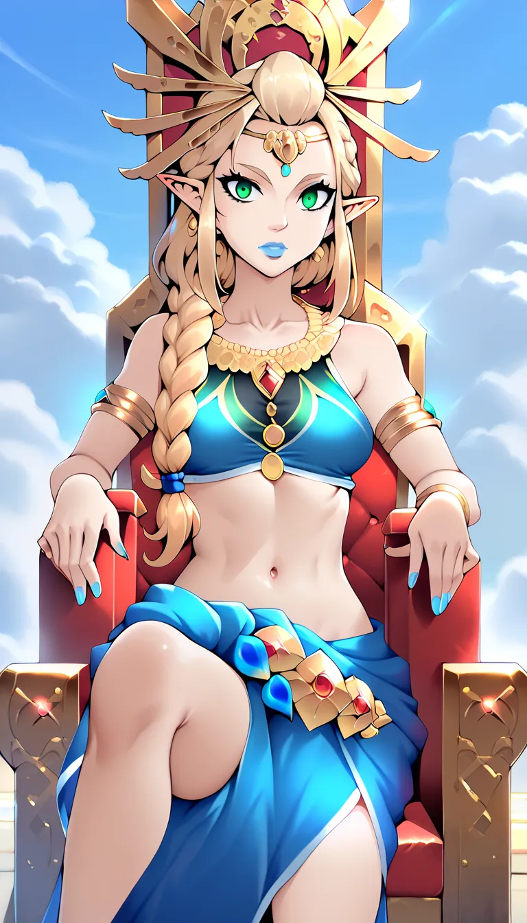  score_9,  score_8_high,  score_7_high,  score_6_high, geewhy_silent,  
 1 girl, Alone, looking at the viewer,  jewelry, Gold, braided ponytail,   green eyes,  blonde hair,  pointed ears,  fair-skinned woman , makehigh, lipstick,  Necklace, blue lips, Brea...