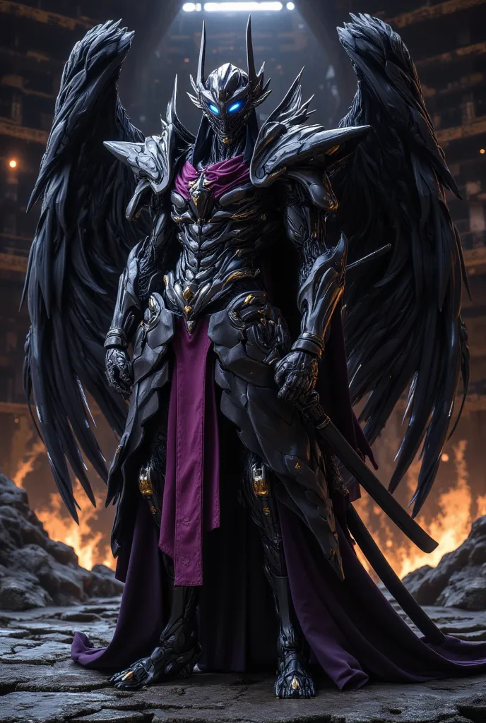  Saint Seiya; Hades, god of the underworld oriental style, masculine physiognomy, faint face and face, greyish blue eyes , Wearing the black divine armor without a helmet ; rounded armour details, details in purple and magenta; Closed Armor Wings, at his s...