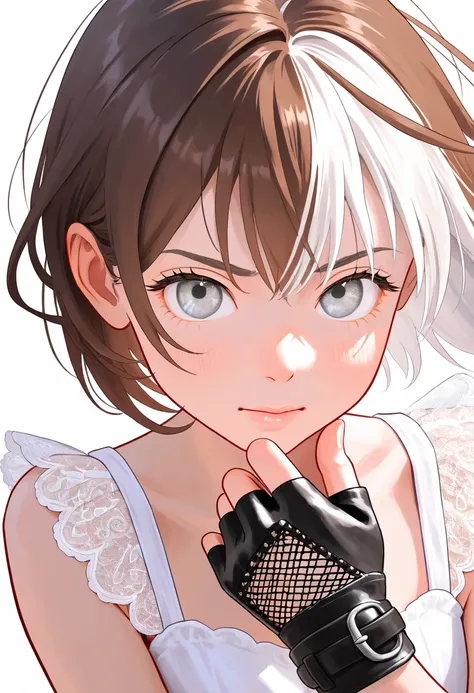 white background, perfect eyes, Leather fingerless gloves, Brown hair,  silver eyes, Turner syndrome, White hair,  gray eyes, Convict, White lace mini dress demon