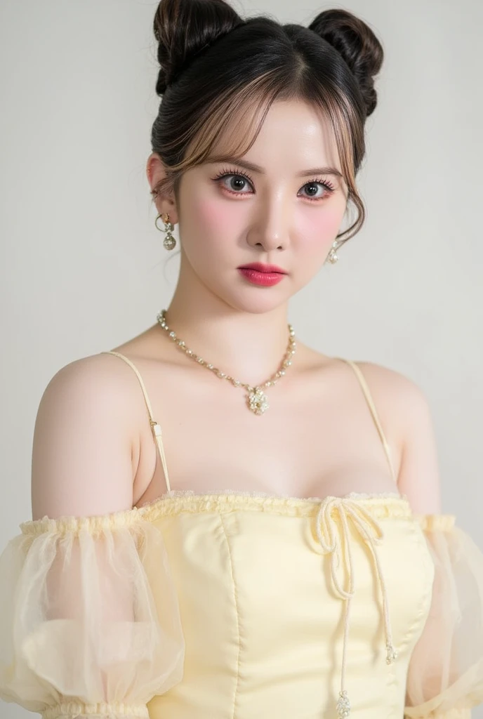 A breathtakingly elegant young woman with a delicate, heart-shaped face, smooth porcelain skin, and soft, natural makeup that enhances her ethereal beauty. Her almond-shaped, light brown eyes are framed by long, wispy lashes, exuding warmth and charm. Her ...