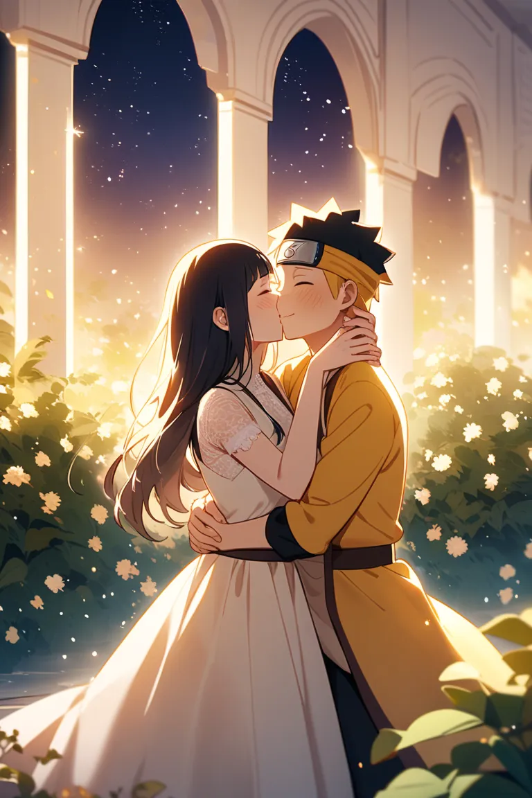 Naruto and hinata holding each other hand in a beautiful night