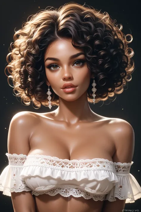 best quality, Sharp details, amazing quality, dark background, Stuningly beautiful Caribbean woman , dark skin, curly fro, full lips,  no make up, off the shoulder cropped top, perfect natural curvaceous body, natural body, beautiful skin, highly detailed ...