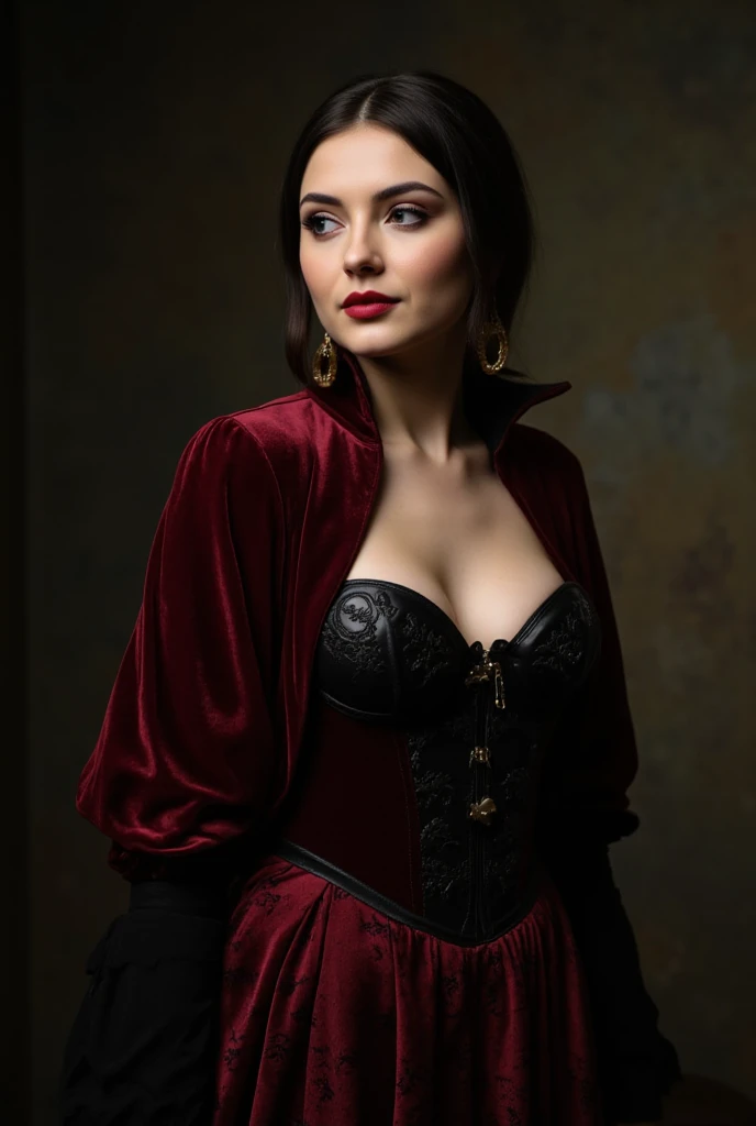 A female wore and showcasing the attractive gothic dark mythic vampire Spidey suit made up of a luxurious plush velvet-leather fabric, showcasing its rich texture and deep, opulent color. The fabric appears soft and inviting, with a subtle sheen that catch...