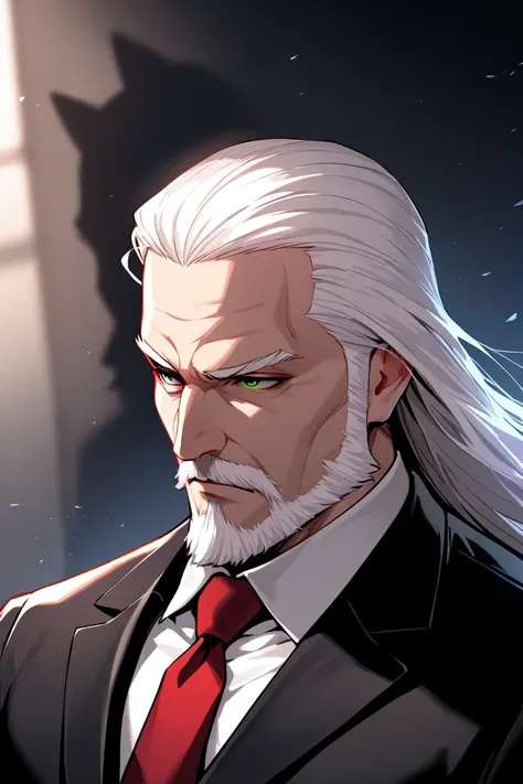 anime style, 30-year-old albino male, high, with cat ears on the top of the head, green eyes, serious expression, straight and long white hair wearing a black suit with a red tie, Like a gentleman