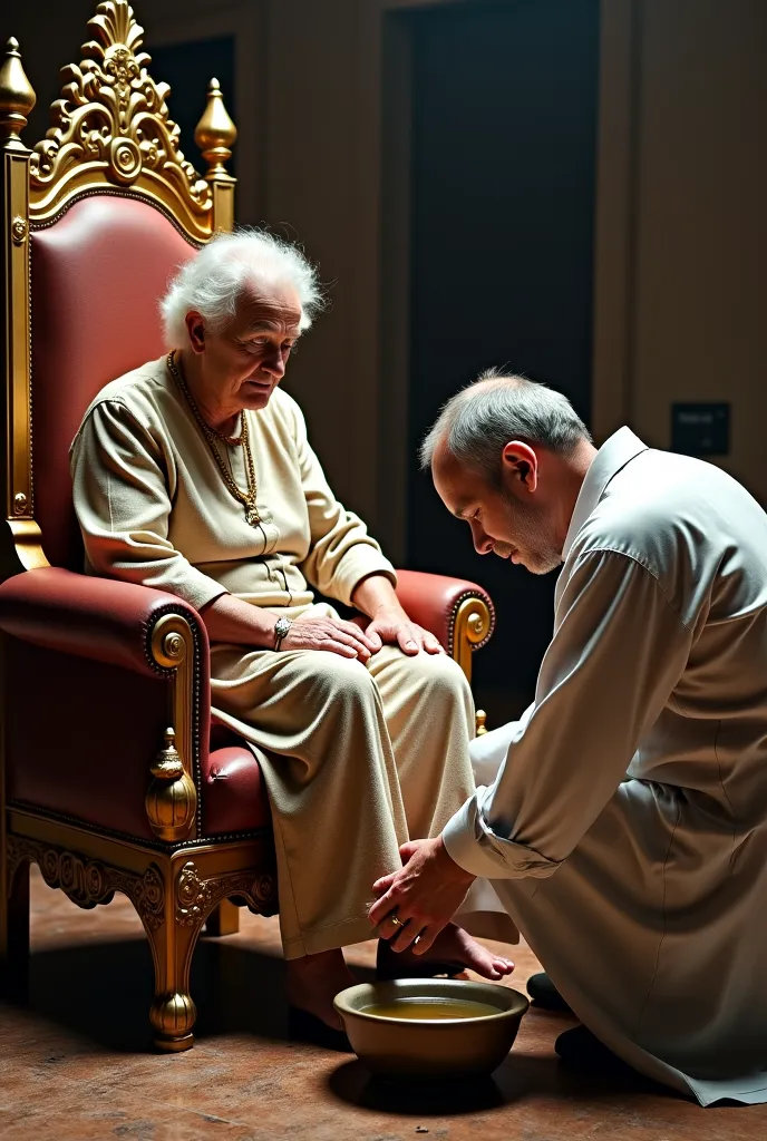 An old woman sitting in a golden king's chair, dressed in shabby clothes.Underneath the throne is a mature man washing the woman's feet as a blessing.He is seen washing their feet in a bowl full of water