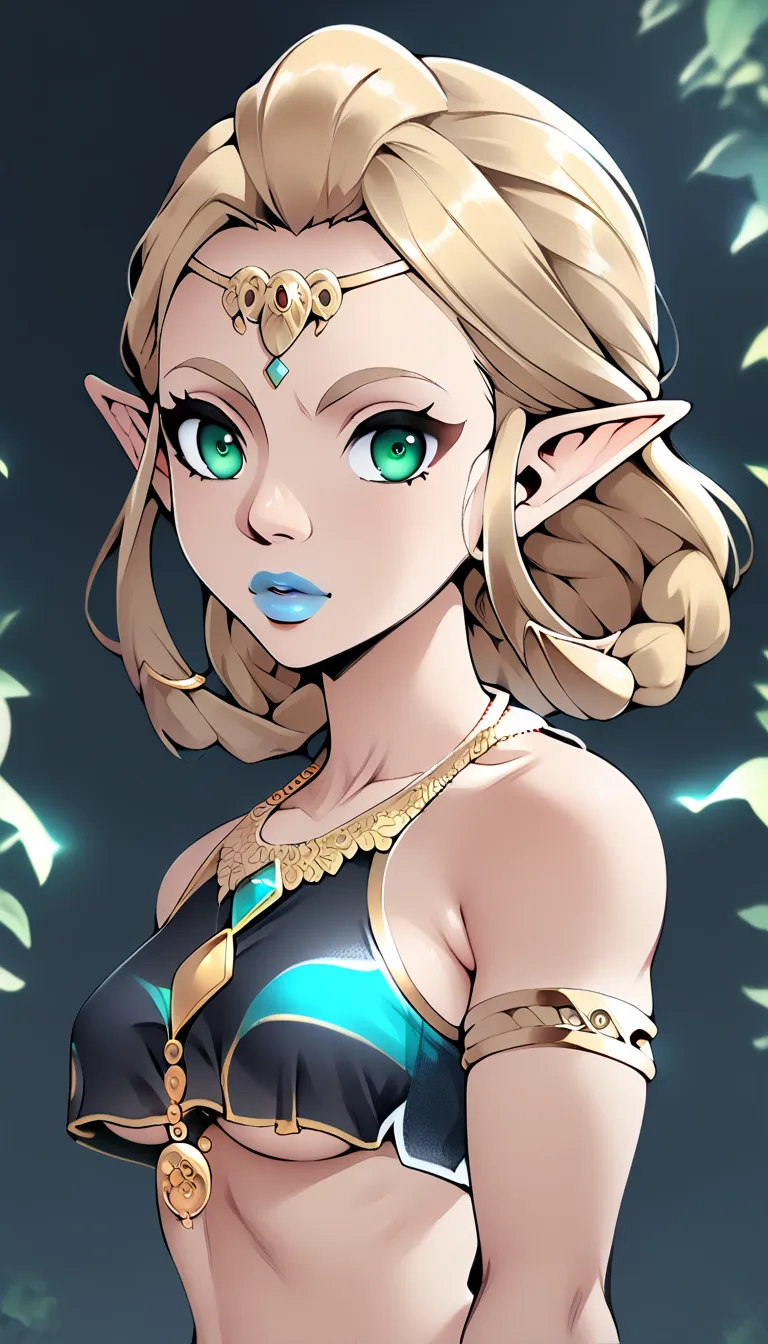  score_9,  score_8_high,  score_7_high,  score_6_high, geewhy_silent,  
 1 girl, Alone, looking at the viewer,  jewelry, Gold, braided ponytail,   green eyes,  blonde hair,  pointed ears,  fair-skinned woman , makehigh, lipstick,  Necklace, blue lips, Brea...