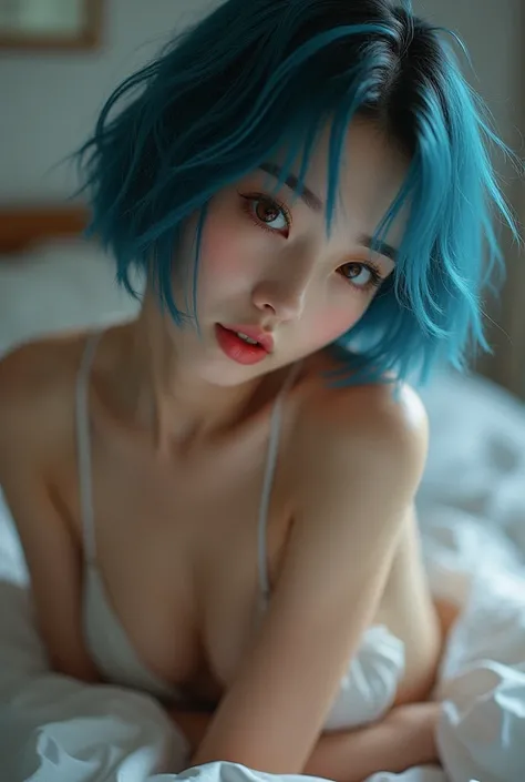 Japanese girl with short blue hair, small breasts and red eyes, masturbating while lying on the bed 