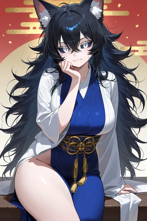 woman focus, solo woman, curvy body, messy hair, black hair, cat ear fluff, slit pupils, dark-blue sclera, White eyes, shinto goddess miko fashion, :3, rest, leaning at viewer, 