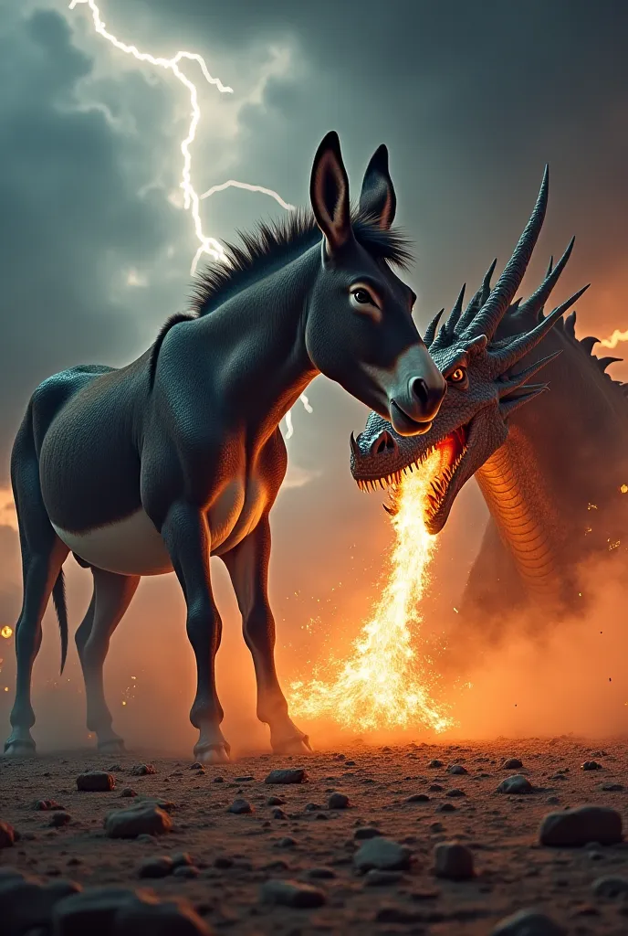 Create an image where a huge donkey and a dragon are placed together, both furious and locked in a fierce confrontation. The donkey stands with muscles bulging, showing its teeth, and the dragon is ready to attack, its mouth shooting fire directly at the d...