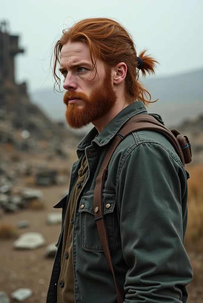 homme de 29ans qui parrait jeune il mesure 1m80 couleur des yeux marron cheveux long attacher avec une barbe courte rouge et déprimer il n'est pas en costume décor post apocalyptique 