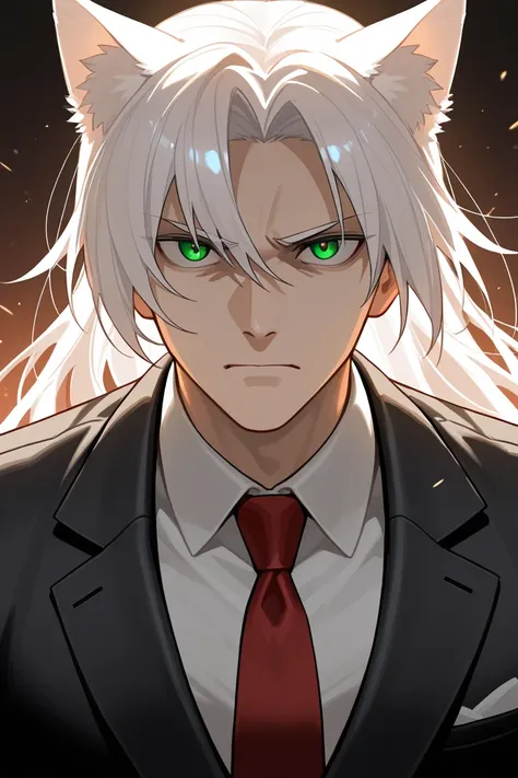 anime style, 30-year-old albino male, high, with cat ears on the top of the head, green eyes, serious expression, straight and long white hair wearing a black suit with a red tie, Like a gentleman