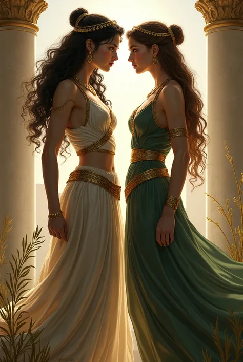 Create a silhouette depicting Hermes' daughter with white skin and curly black hair and green eyes standing next to Poseidon's white-skinned daughter, straight brown hair and brown eyes, both women with clothes and accessories Inspired by Greek mythology.