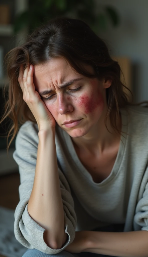 A person with a tired expression and a depressed look, sitting in a domestic environment with soft lighting. She holds her head with one hand, showing extreme fatigue. Her skin has reddish or dry patches, and there is a slight shadow under the eyes,  indic...