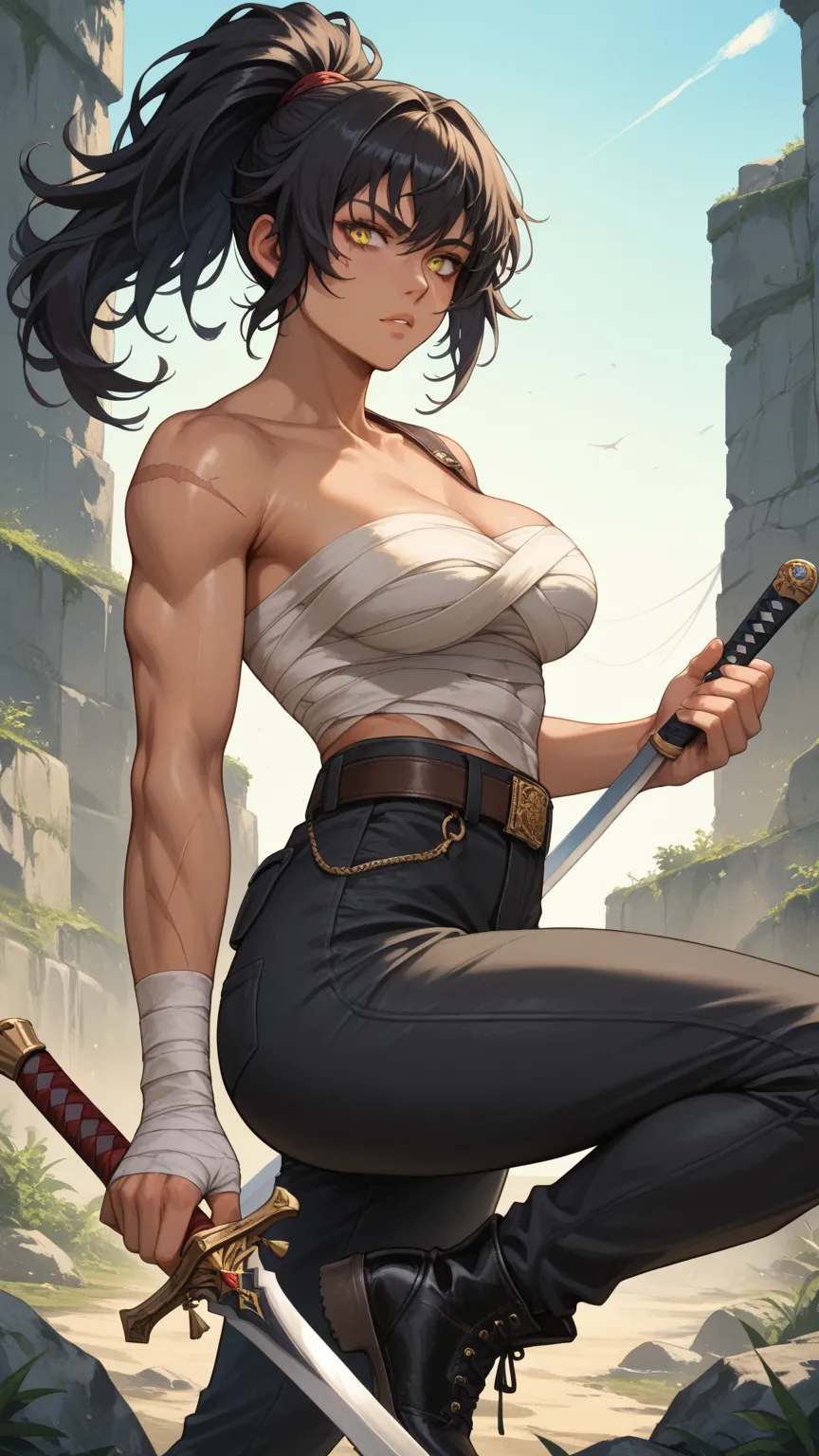 1 woman, about 30 years old, long black hair, hair in a ponytail, disheveled hair, bangs covering the scar on the left eye, yellow eyes, dark skin, elven ears, small scar on the right cheek, athletic build, medium-large breasts, firm ass, small scar on lef...