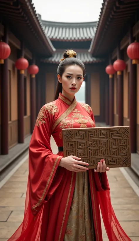 Prompt: Create a hyper-realistic wide scenery image that captures the essence of the Han Dynasty Era. In the foreground, depict a beautifully curvy female figure dressed in a traditional hanfu, holding a large, intricately carved square shape wooden tablet...