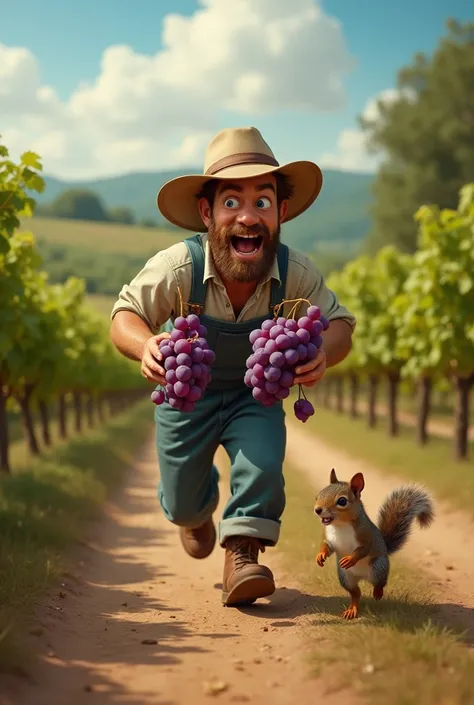 a farmer running after a squirrel with grapes on his hands, detailed portrait, man with mad expression chasing a scared squirrel, vibrant colors, lush rural landscape, rolling hills, dirt path, trees, overripe grapes, sun-dappled lighting, photorealistic, ...