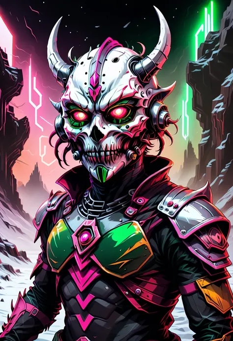 Terrifying cinematic science fiction photo of a portrait of a non human futuristic masked white, pink, green, red, silver, orange, yellow purple and silver neon mythical freak dressed as a freak leather sharp fingers futuristic mask mythical freak dressed ...