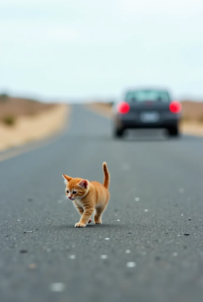 A small kitten is running after a car that is driving away on a deserted road. Its tiny paws touch the asphalt as it struggles to keep up, its body leaning forward in full motion. The sky is overcast, and the empty road emphasizes the loneliness of the kit...