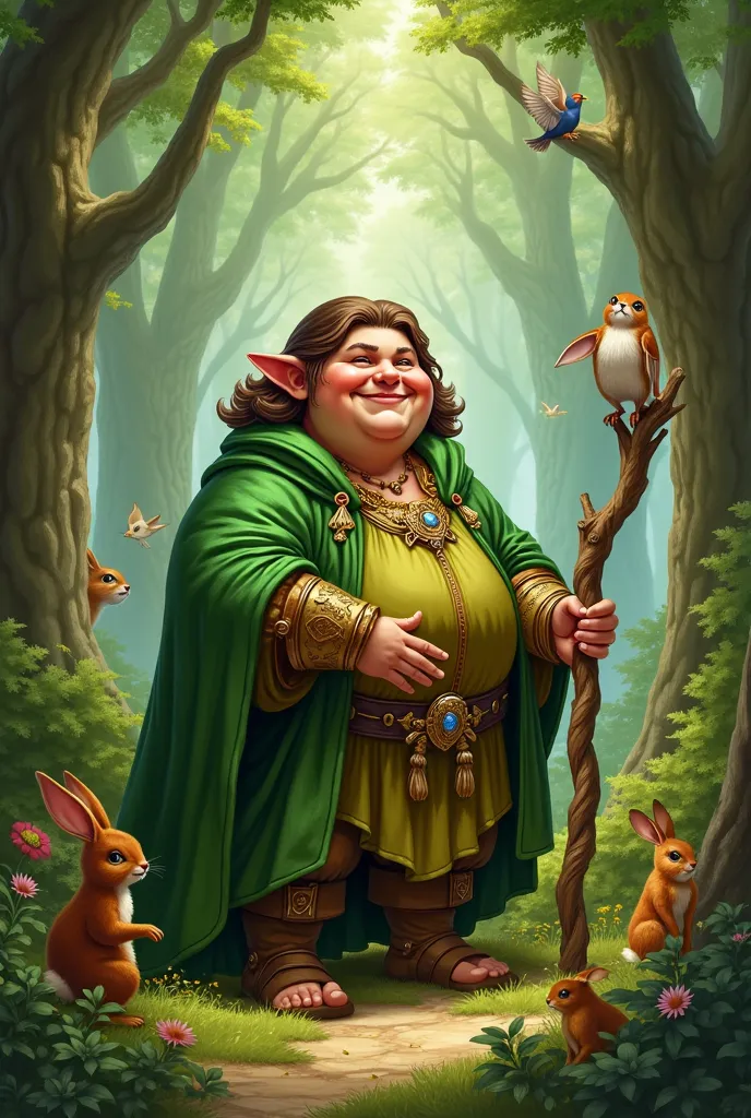 Druid halfling(hobbit), adult,with a green cape inside the forest, wavy brown hair and without beard, with some animals around and a Druid's stick in his hand and a bit of a fat guy