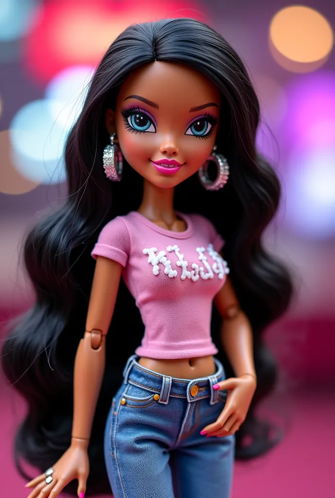 Bratz 3D in a medium body casino with long black hair she has a winter cover with fluffy white and decorated “NADIA CL” in a t-shirt on the body and jeans on the body she has long white eyelashes and nails, thick lips and white skin she has big shiny rings...