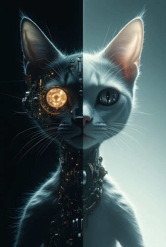 Anthropomorphic cat with sleek, futuristic features, half of its face appearing organic with smooth fur and expressive feline eyes, while the other half is exposed as a robotic structure with intricate gears, circuits, and glowing elements. The left side i...