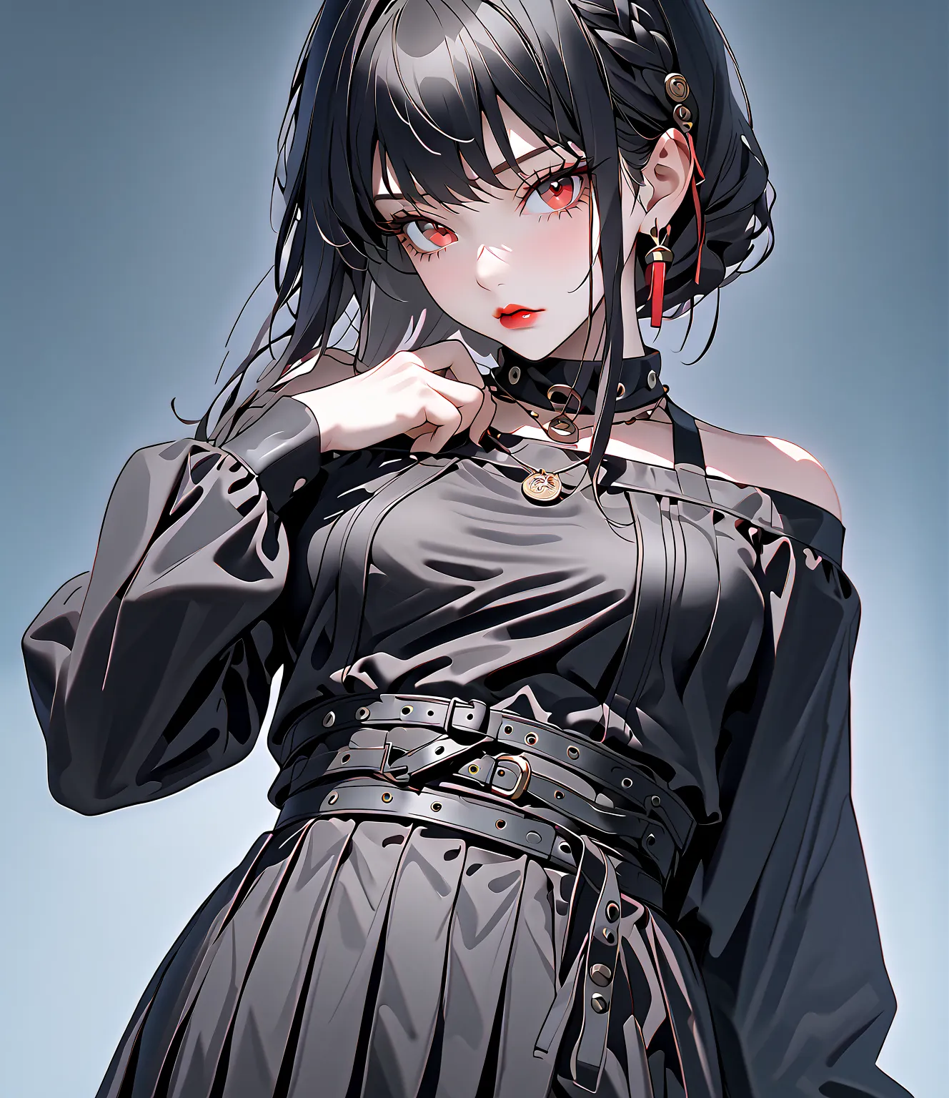 Yor Briar from Spy X Family, 1girl, solo, body shot, A black, off-the-shoulder long-sleeve top with slightly flared sleeves, A black leather corset-style waist belt with lace-up details and metal eyelets, A black pleated leather mini skirt with a slightly ...