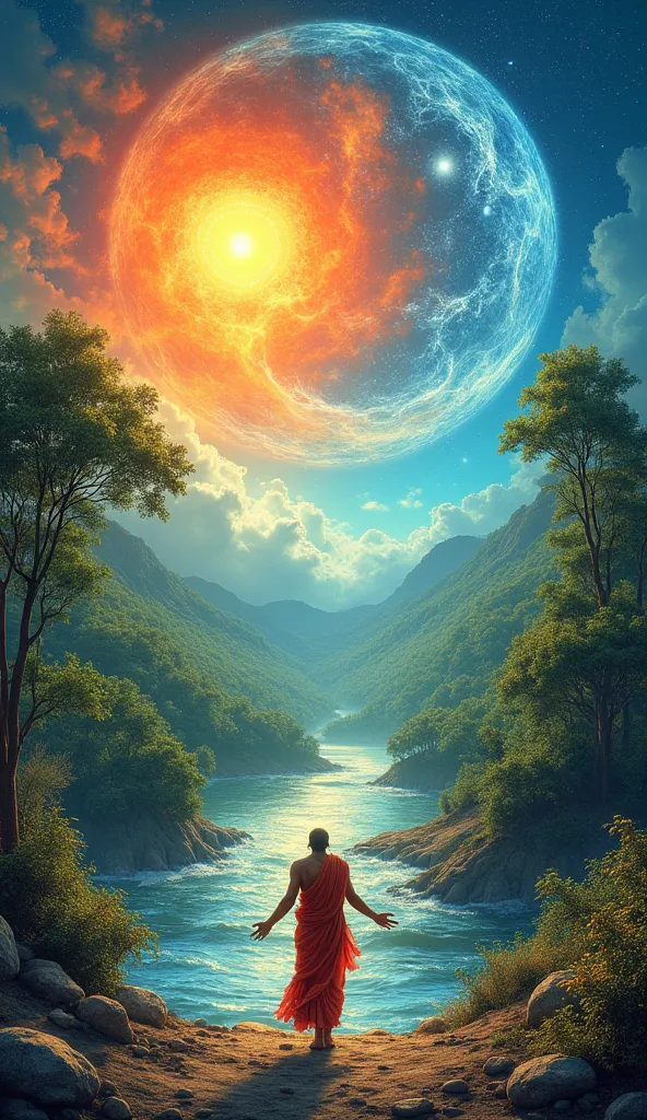 "A vibrant landscape depicting the five elements of nature – a flowing river (water), a bright sun (fire), fresh air currents (wind), a lush green forest (earth), and a vast blue sky (space). A sage is seen worshiping these elements in a traditional Hindu ...