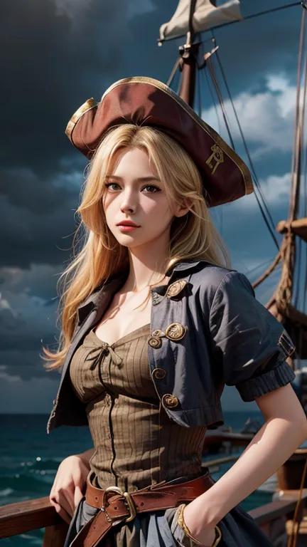 blonde pirate woman, retrato, high waist,  serious expression, look directly at the camera, classic pirate outfit, realistic clothing details and accessories, seabed with pirate ships, stormy sky, dramatic light,  oil painting, flap of hair, 4k, hdr, vibra...