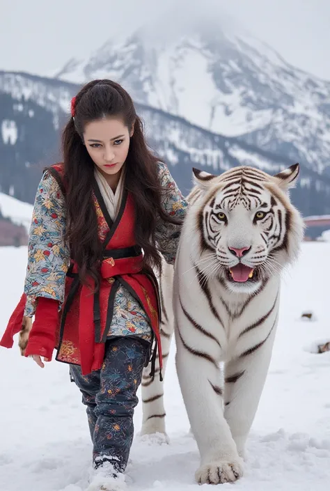 Beautiful beautiful Japanese woman,  25-year-old , A great warrior and dexterous martial arts fighter, walking through a snowy spot near the Grand Palace , Front view accompanied by a large white vengeal tiger, Beautiful long brown hair made of a long tail...