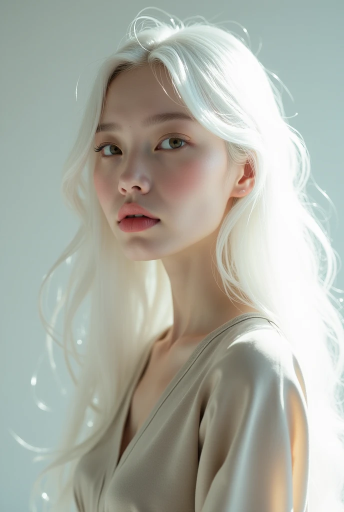  Woman,  white skin, long white hair.  pink lips, Wearing a long sleeve shirt