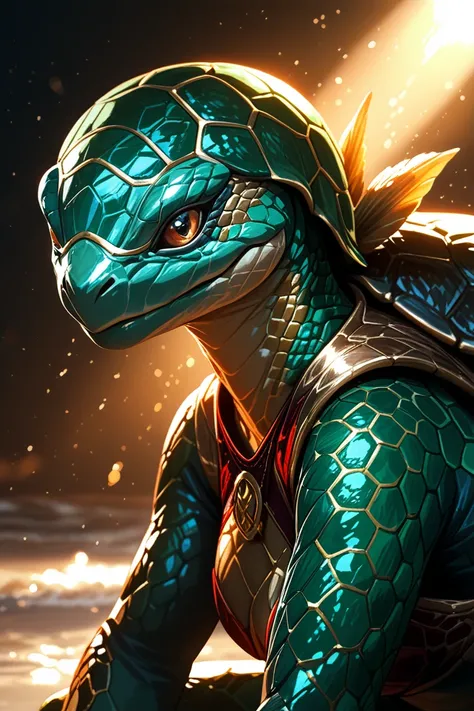 Turtle Female, turtle hybrid humanoid, looks like a turtle with beautiful turquoise scales, turtle like facial features, dynamic lighting, casual red and gold clothing, scales on skin, sea turtle hybrid, semi realistic 