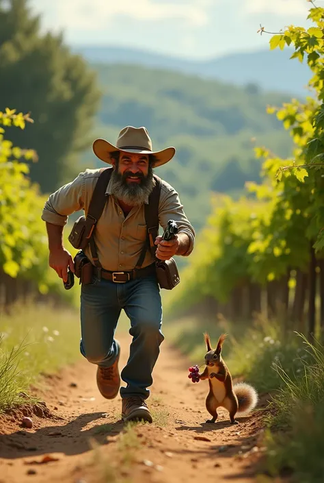 a farmer with a pistol gun running after a squirrel stealing grapes on his hands, detailed portrait, man with mad expression chasing a scared squirrel, vibrant colors, lush rural landscape, rolling hills, dirt path, trees, overripe grapes, sun-dappled ligh...