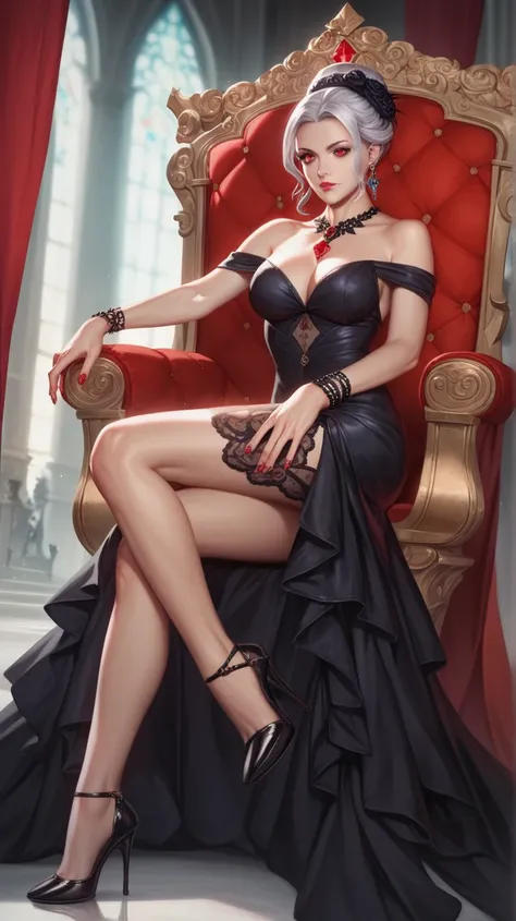 beautiful young lady, long silver hair, ruby-red eyes, long black dress, high heels, bare shoulders, throne, bracelets, necklace, earrings, hairpin, jewellery, gems, forehead, red nail polish.