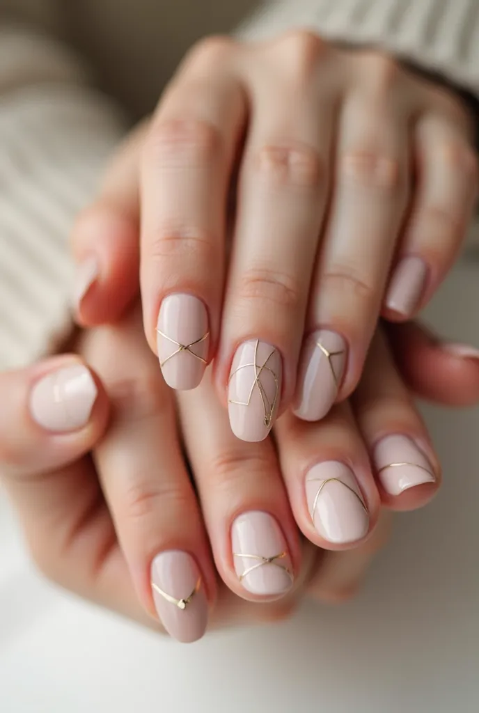 "A stylish close-up of hands with minimalist nail designs—neutral tones, delicate line art, and subtle gold details. The nails are short, natural, and perfectly shaped. The background is soft and aesthetic, highlighting the beauty of simple yet sophisticat...