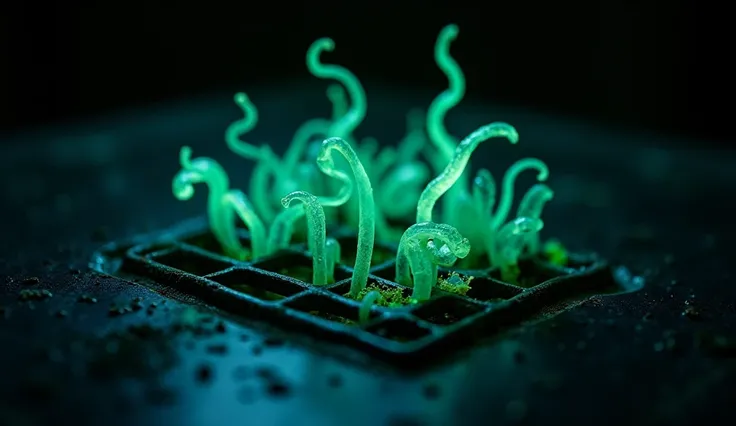 A close-up of a ventilation grate, with glowing, translucent tendrils slipping through the gaps. The background is pitch black, but the tendrils are illuminated in eerie greens and blues, giving them an otherworldly glow.