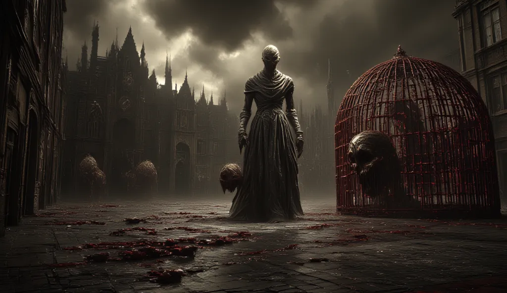 8k cinematic horror scene:  in empty plaza drawing giant crimson cage on cobblestones, shadow of mime's  looming behind her. Her hand clutching the cursed mask (now small and doll-sized), its teeth biting her palm. Stormy sky with faces of past mimes in cl...