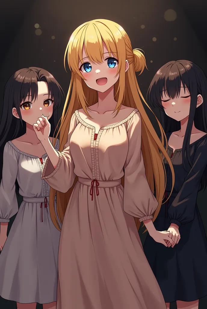 4 Girls of Anime Dark and Huts with loose -fitting dresses. One of the girls has long, yellow hair and no other black and long hair has no other hair. In the hand of a loud girl to sing, be a great Arovis name with an attractive and engaging font

