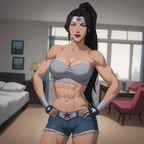 score_9, score_8_up, score_7_up, masterpiece, high quality, BREAK
 wowobldlns, forehead protector, silver tube top, silver jean shorts, silver fingerless gloves, long ponytail, black hair, blue eyes, curvy, athletic, standing, indoors, bedroom, happy expre...