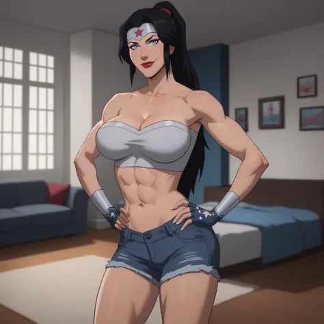 score_9, score_8_up, score_7_up, masterpiece, high quality, BREAK
 wowobldlns, forehead protector, silver tube top, silver jean shorts, silver fingerless gloves, long ponytail, black hair, blue eyes, curvy, athletic, standing, indoors, bedroom, happy expre...