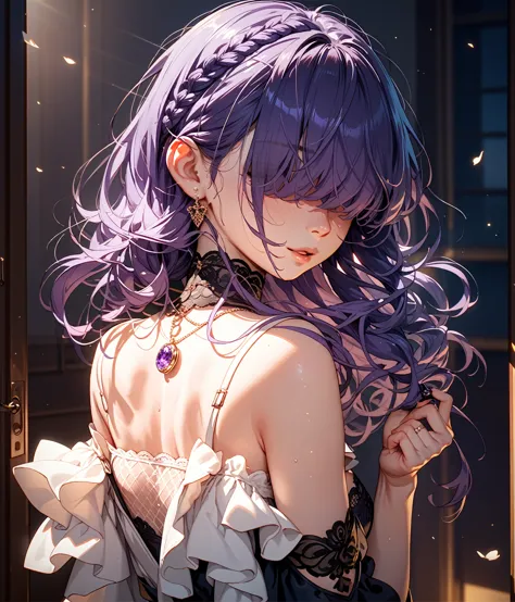 Where this girl is having sex。 eyes are hidden with bangs。 purple hair。My chest is hidden in the dress and I'm small。