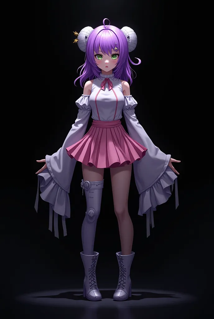 1girl, black background, boots, full body, green eyes, hair ornament, long sleeves, looking at viewer, pantyhose, pink skirt, pleated skirt, purple hair, ribbon, robot ears, short hair, short hair with long locks, sidelocks, skirt, sleeves past wrists, sol...