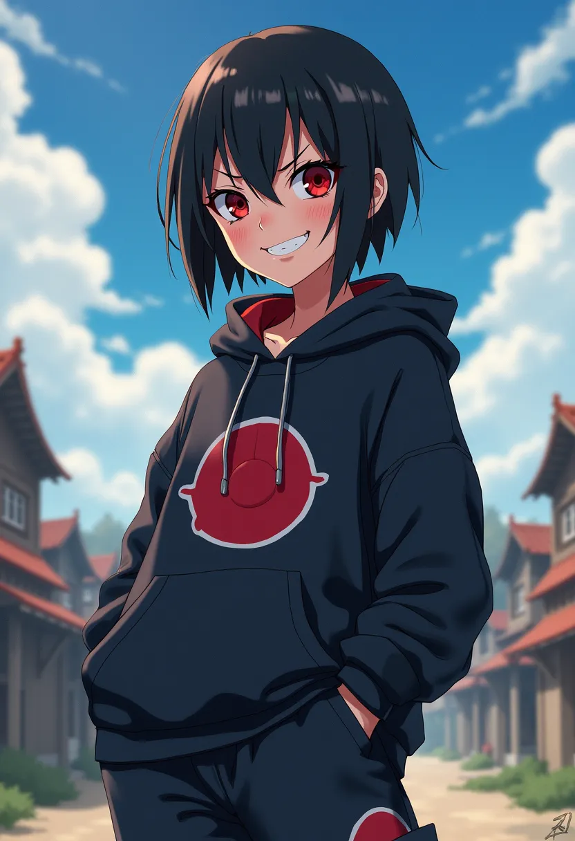 Create an image of a girl with short hair,grinning,has sharingan,looks like sasuke uchiha,a tomboy,hands in pockets,wearing baggy cloths