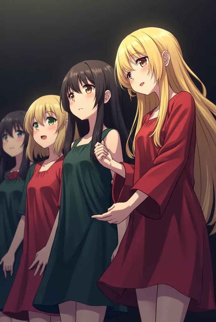 4 Girls of Anime Dark and Huts with loose -fitting dresses. One of the girls has long, yellow hair and no other black and long hair has no other hair. In the hand of a loud girl to sing, be a great Arovis name with an attractive and engaging font

