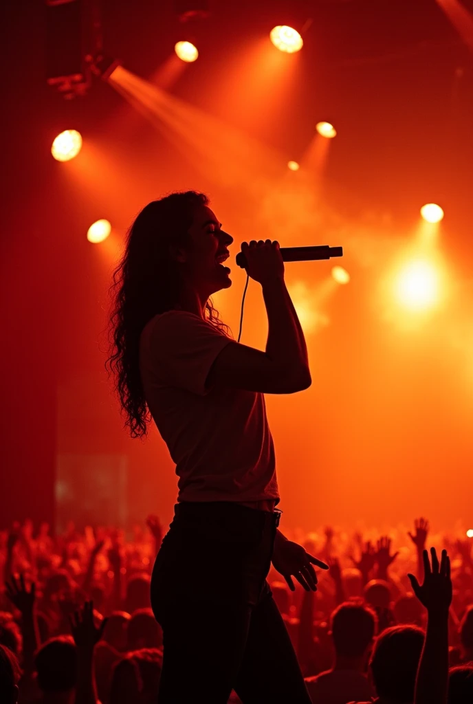 a singer with dark hair holding a microphone while singing passionately. Its silhouette is surrounded by flames and an intense red glow, represents, which reinforces the concept of fire and musical passion.

 In the background, a stage with bright lights a...