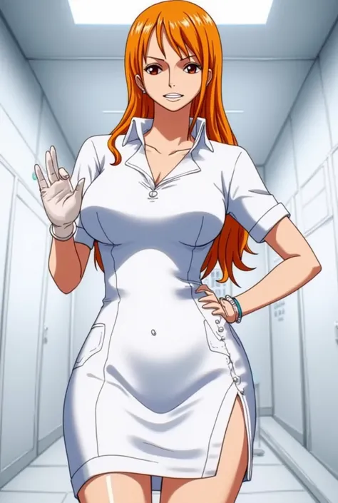 nami de one piece en tenue d'infirmière sexy avec des gants en latex et une jupe 