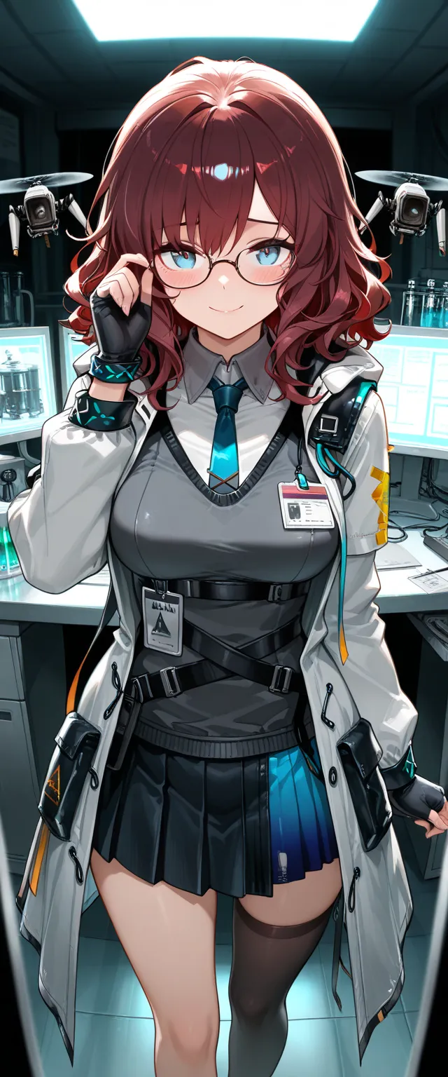 masterpiece, best quality, very aesthetic, absurdres, safe,1girl,doctor_(arknights),solo,dark red hair,wavy hair,medium hair,blue eyes,glasses,medium breasts,dark gray clothes,vest,grey collar shirt,light blue tie,pleated skirt,black skirt,light blue skirt...