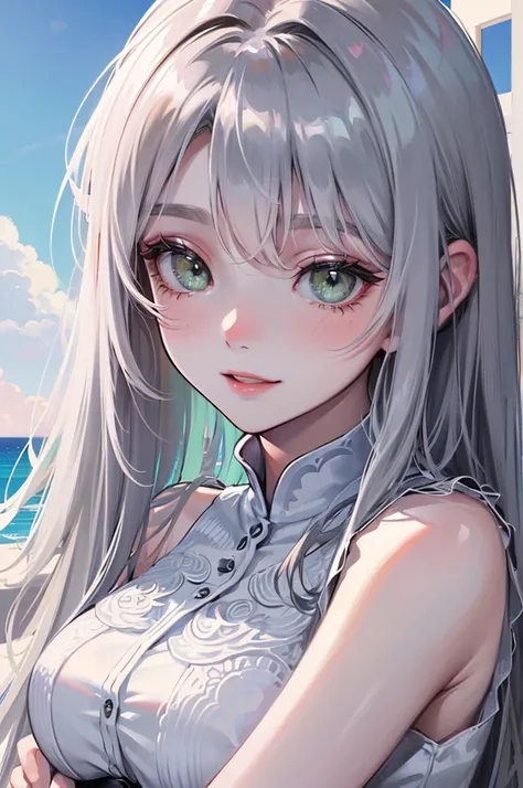 Masterpiece, ((1 Girl)), ((Best Quality)), (Ultra-detailed), Highly detailed, ((Medium breasts)), ((Close up, Upper Body Angle)), Perfect Lighting, Perfect background, ((Long Hair, Grey Hair, Green eyes, Blunt bangs, Sweep bangs)), ((White-Skinned, White S...