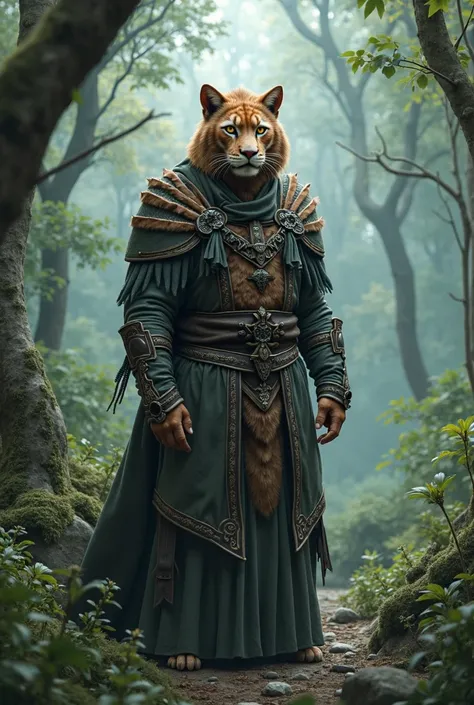 White Khajiit with lion face, male adult, mage, in skyrim forest