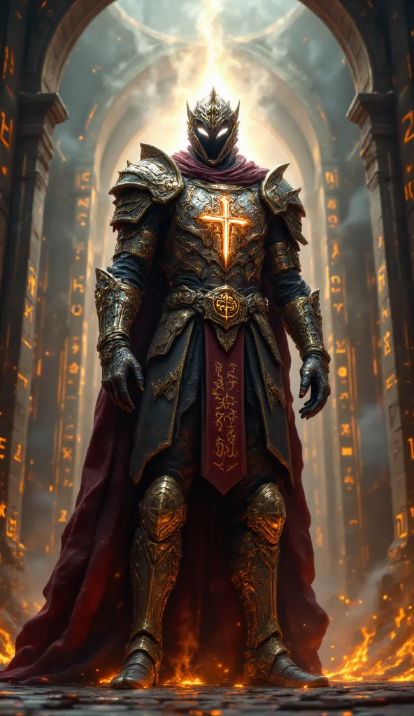 a Templar soldier in golden armor with a red cross on his armor inside a mage castle
