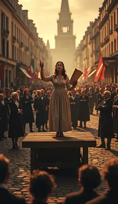 "A grand, cinematic painting of Olympe de Gouges standing on an elevated wooden platform in an 18th-century Parisian square, addressing a large crowd with a passionate expression. She wears a slightly disheveled but dignified 18th-century gown, her right h...